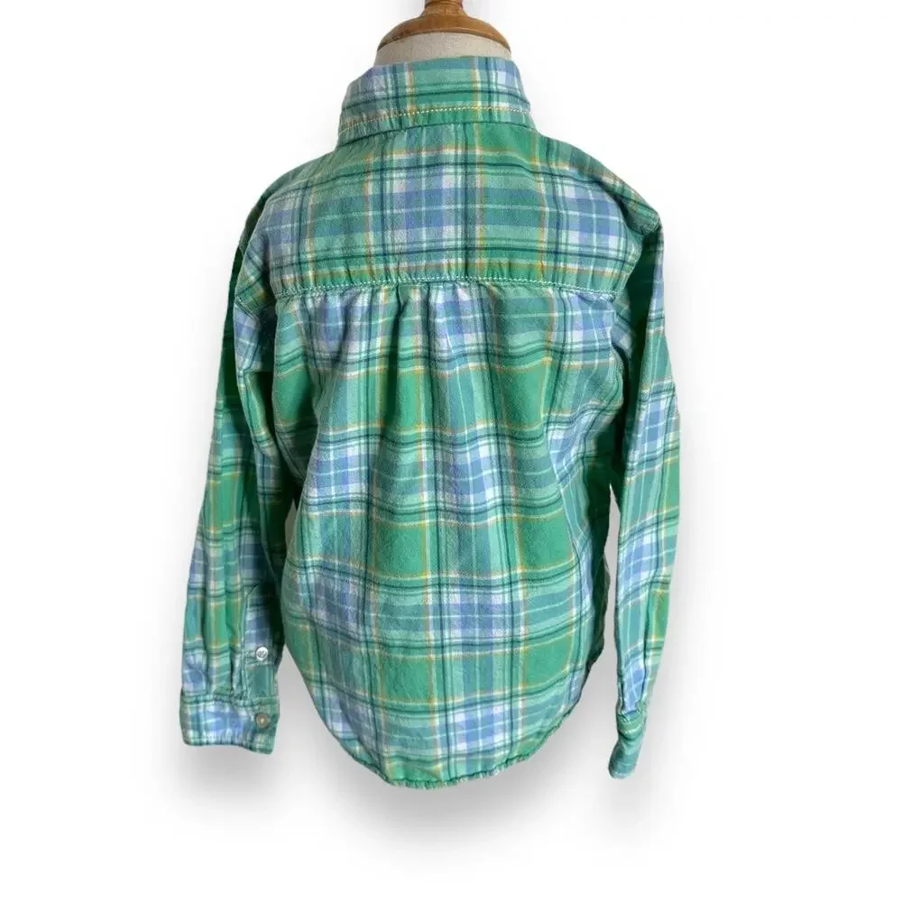 Carter's Boys Shirt Sz 5 Green White Blue Yellow Long Sleeve Plaid‎ Buttons